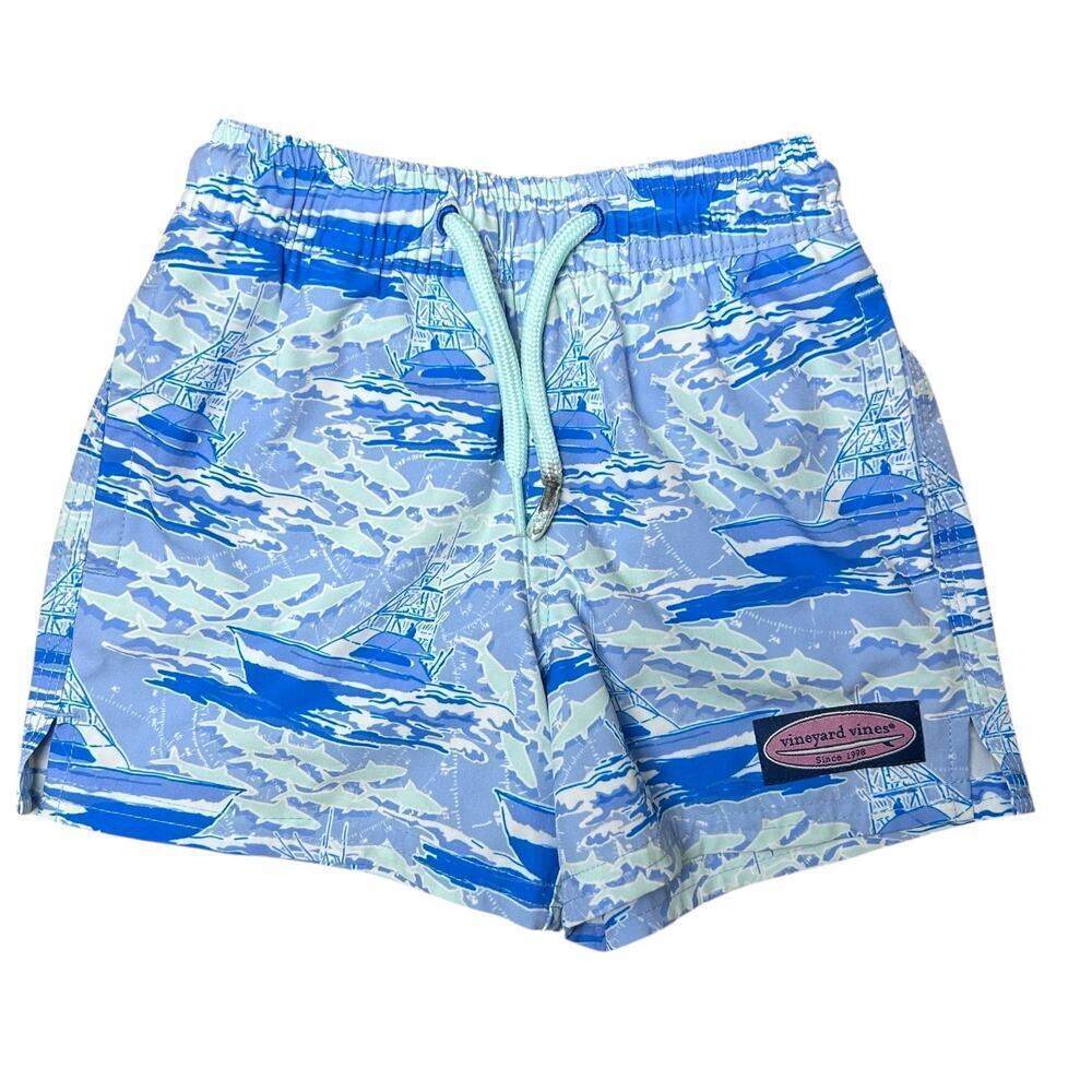 Vineyard Vines Swim Trunks Boy Toddler Swimsuit 2T Fishing Boat Ocean Blue Fish